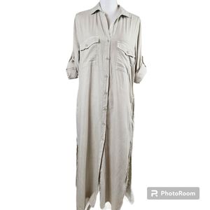 Anthropologie Cloth & Stone Tencel Lagenlook Neutral Frayed Maxi Shirt Dress L